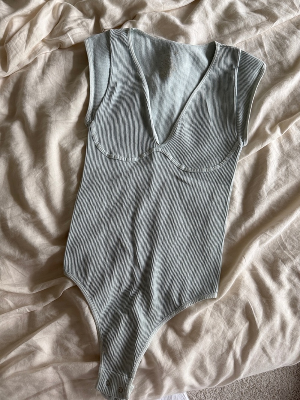 Free People light blue Ribbed V-Neck Bodysuit